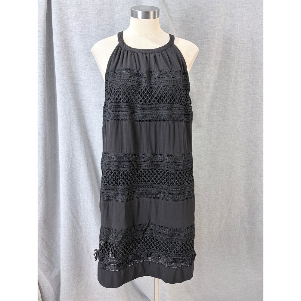 LOFT Black Crochet Lace Tassel Trim Halter Shift Dress Sleeveless Summer LP